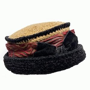 KATE SHECKLER Vintage Velvet & Crochet Chenille Cloche Hat with Wide Ribbon Band